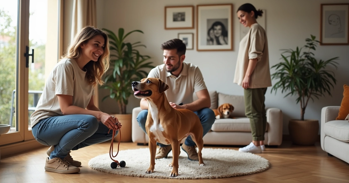 Casal jovem a despedir-se do cão numa sala aconchegante com pet sitter e familiar 