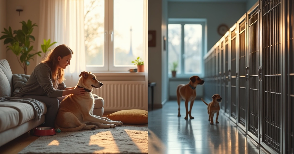 Cão relaxado em casa comparado com cães em jaulas de hotel canino 