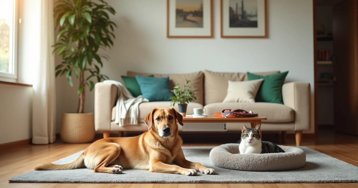 Cão e gato relaxados numa sala acolhedora de alojamento familiar para pets no Porto 