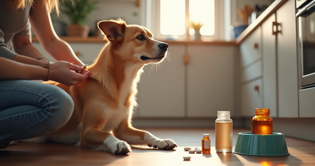 Dog owner giving daily supplements to a calm dog on a kitchen counter with organized pet care items 