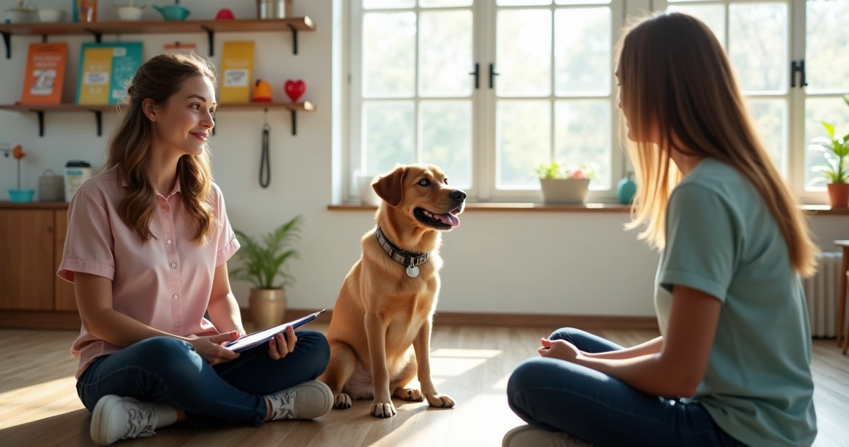 Pet trainer discussing with dog owner while a dog sits calmly between them 