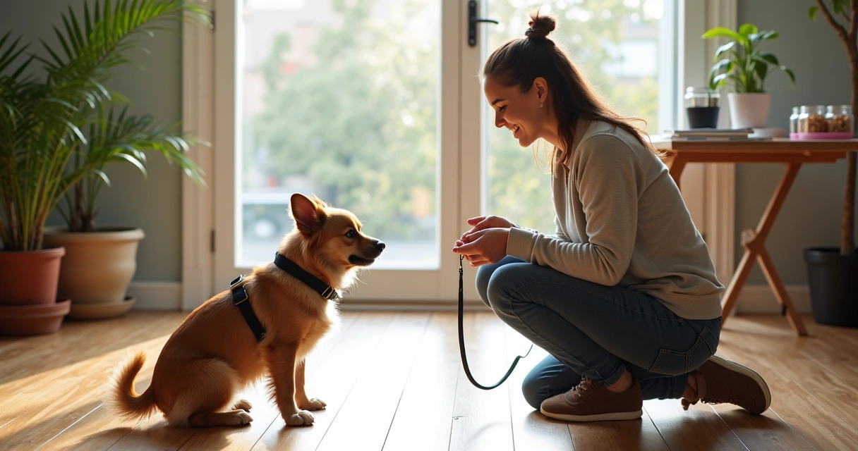 Pet and owner participating in a training assessment with a professional trainer in a sunny room 