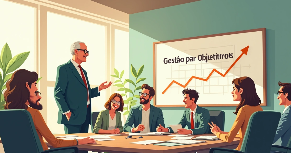 Ilustração de Peter Drucker em um escritório, com equipe colaborando e enfoque em gestão por objetivos.