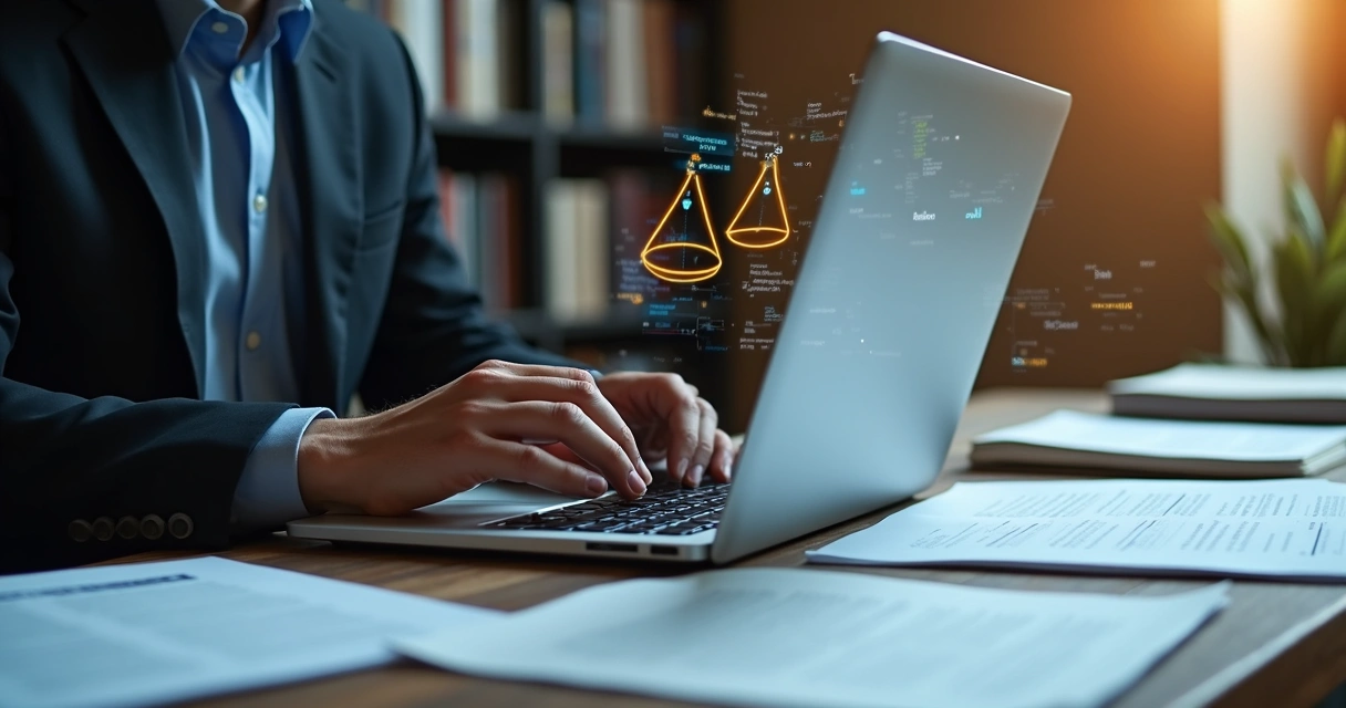 Advogado criando petição digital em um notebook 