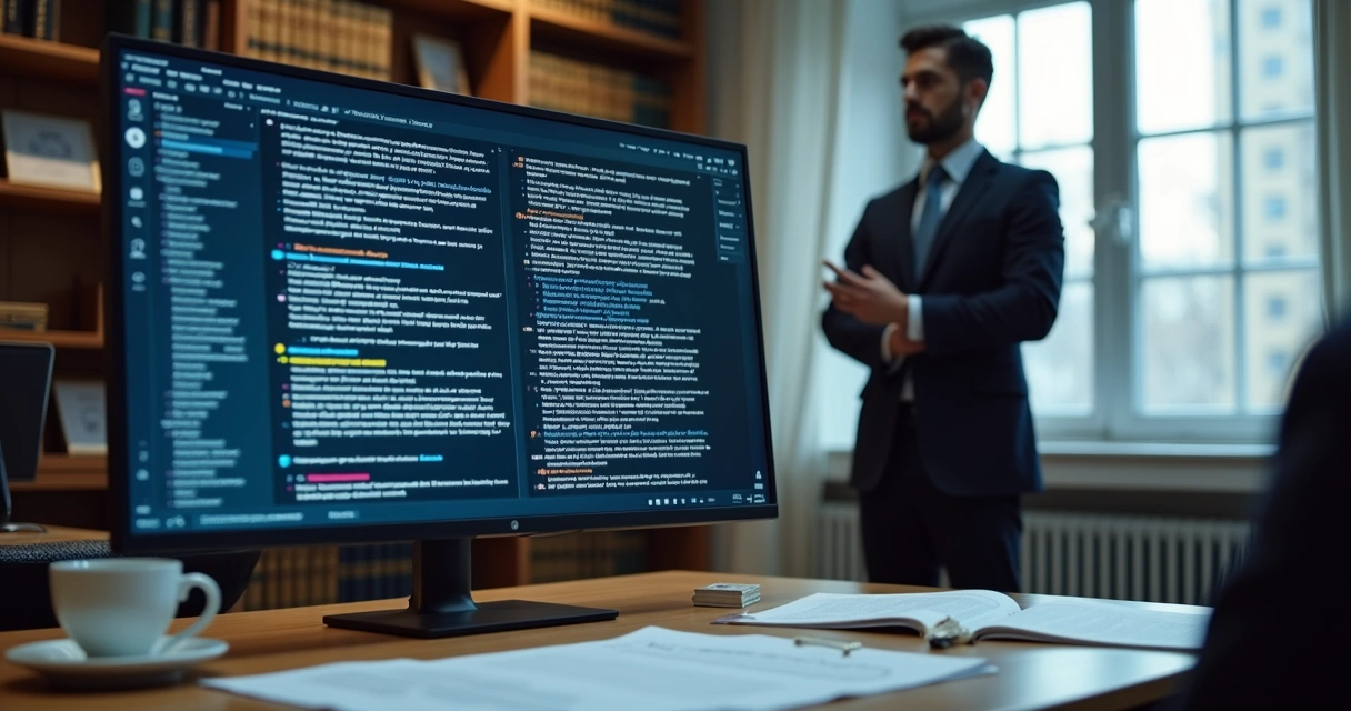 Advogado ao lado de computador analisando documento digital