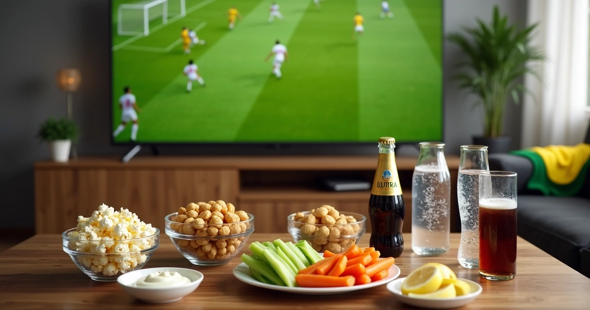 Mesa com petiscos saudáveis e bebidas diante de televisões mostrando futebol 