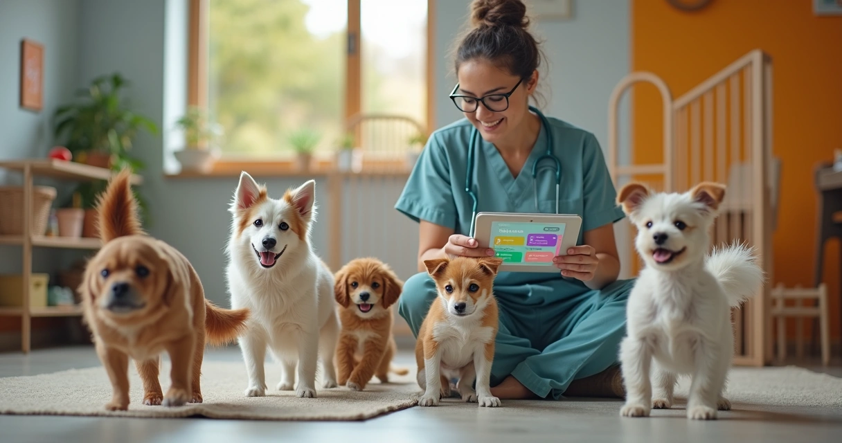 Grupo de cães e gatos em um hotel pet, cuidadora usando tablet com tela de aplicativo 