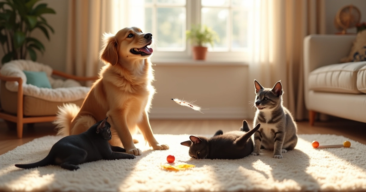 Two dogs and a cat playing together in a living room; soft natural daylight through curtains, toys scattered nearby, relaxed atmosphere