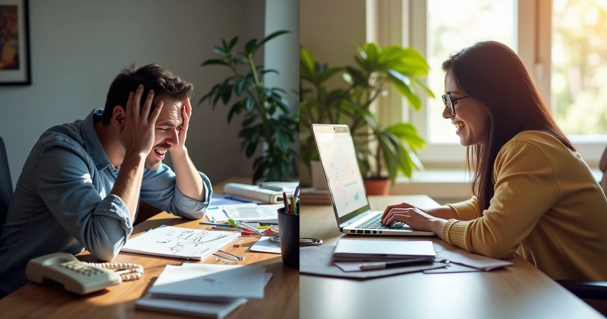 Duas mesas lado a lado, uma com agenda manual e papelada e outra com notebook com tela de sistema moderno de agendamento 