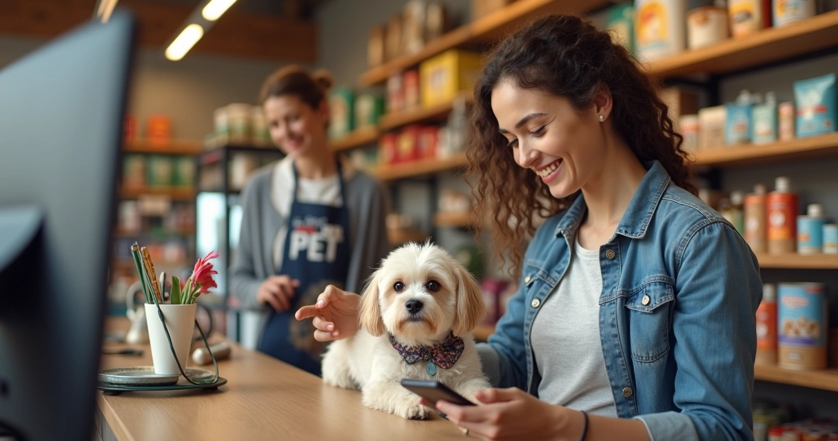 Cliente usando cashback para pagar el baño de su mascota en una tienda de mascotas