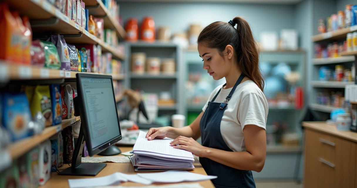 Funcionária de pet shop organizando documentos em prateleira, caixa registradora ao fundo 