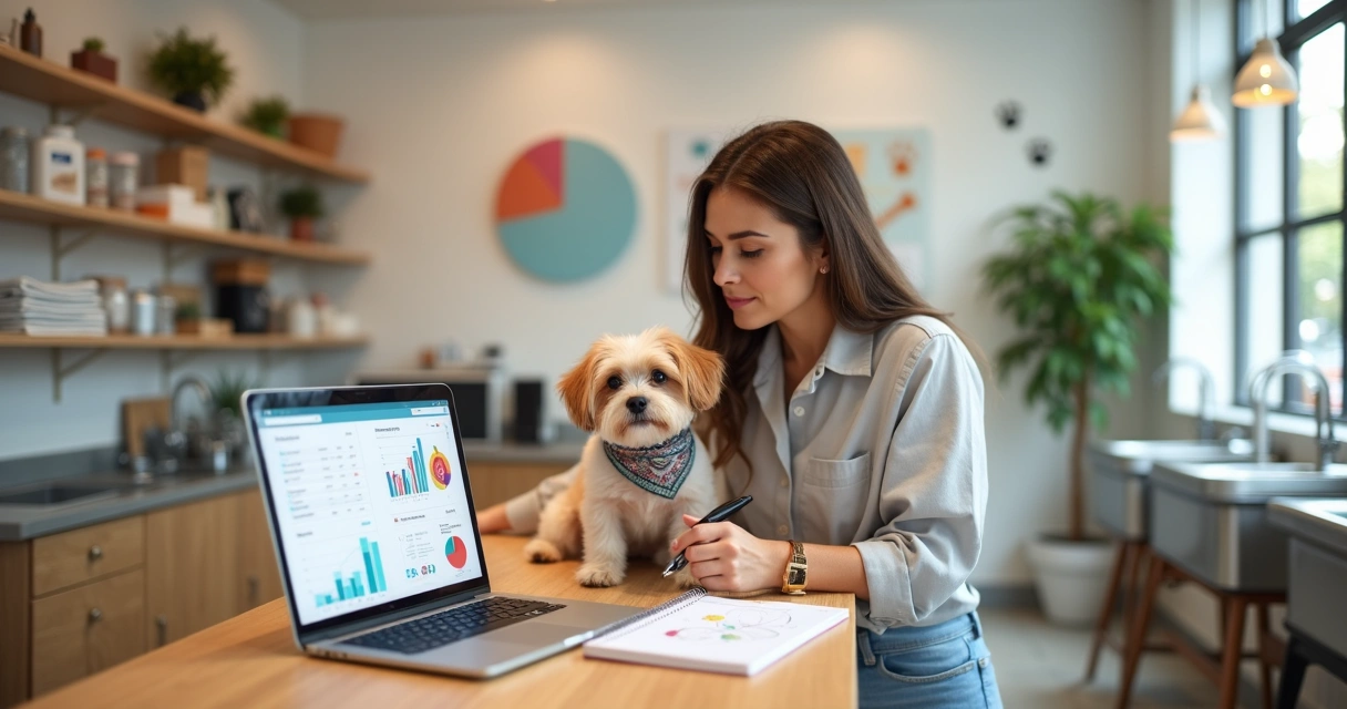 Proprietária de petshop analisando gráficos de desempenho em notebook ao lado de cachorro no balcão 