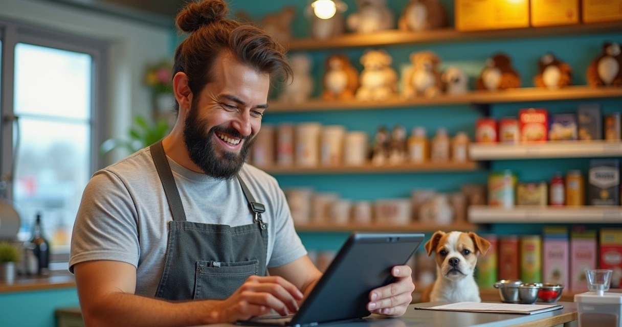Dono de pet shop sorrindo ao ver economia em planilha 