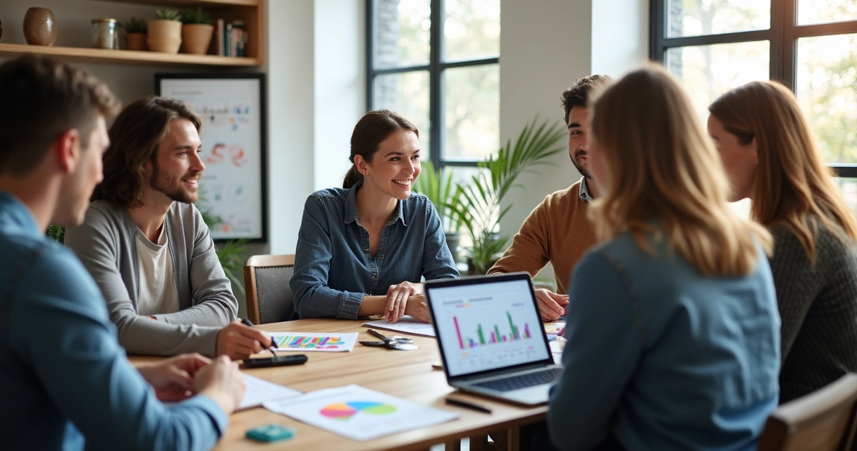 Reunião de marketing em petshop com profissionais e tutores analisando gráficos 