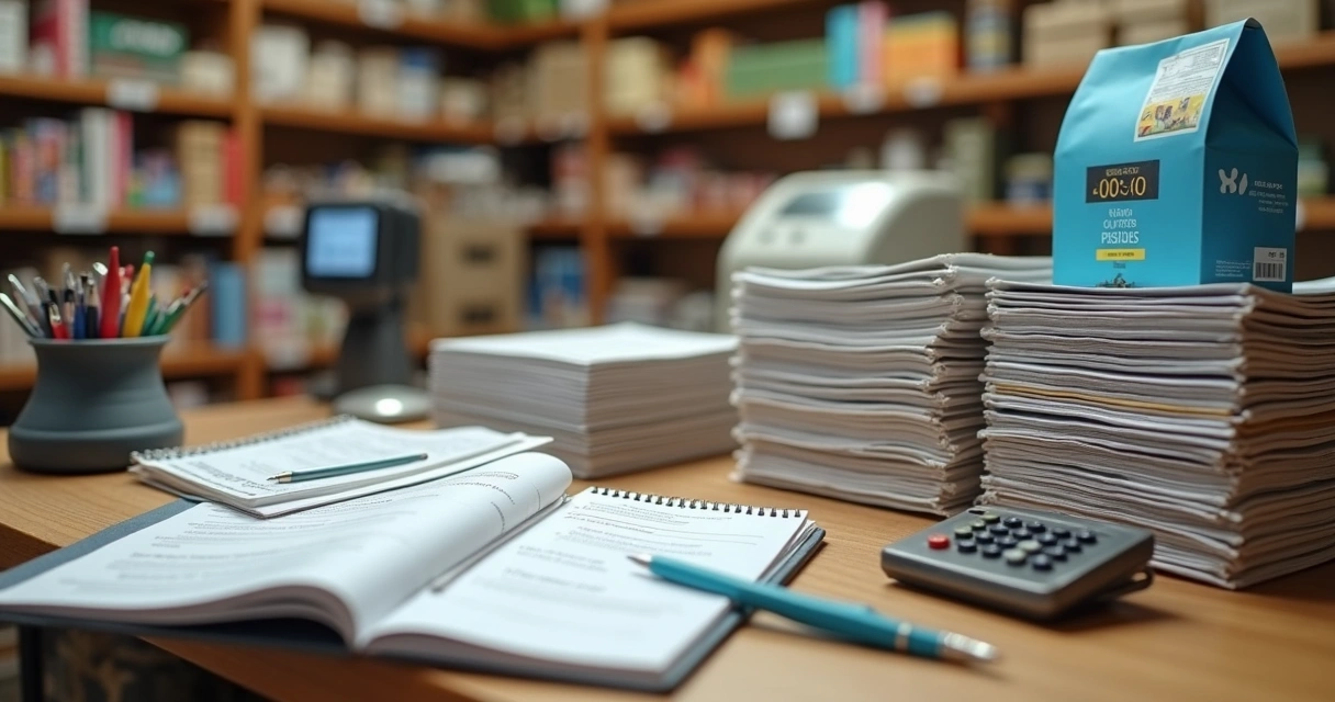 Mesa de pet shop com documentos fiscais, caixa de ração e calculadora na frente. 