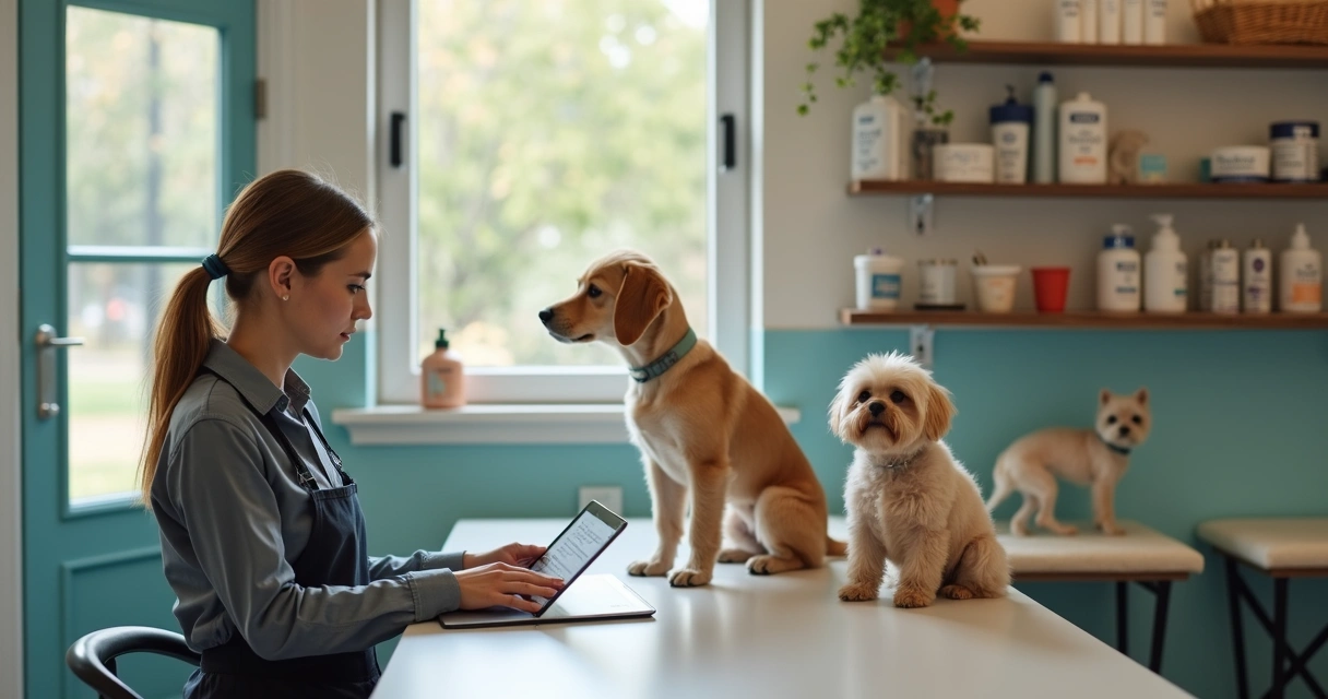 Funcionário de petshop agendando horários em tablet em ambiente limpo com cães ao fundo 