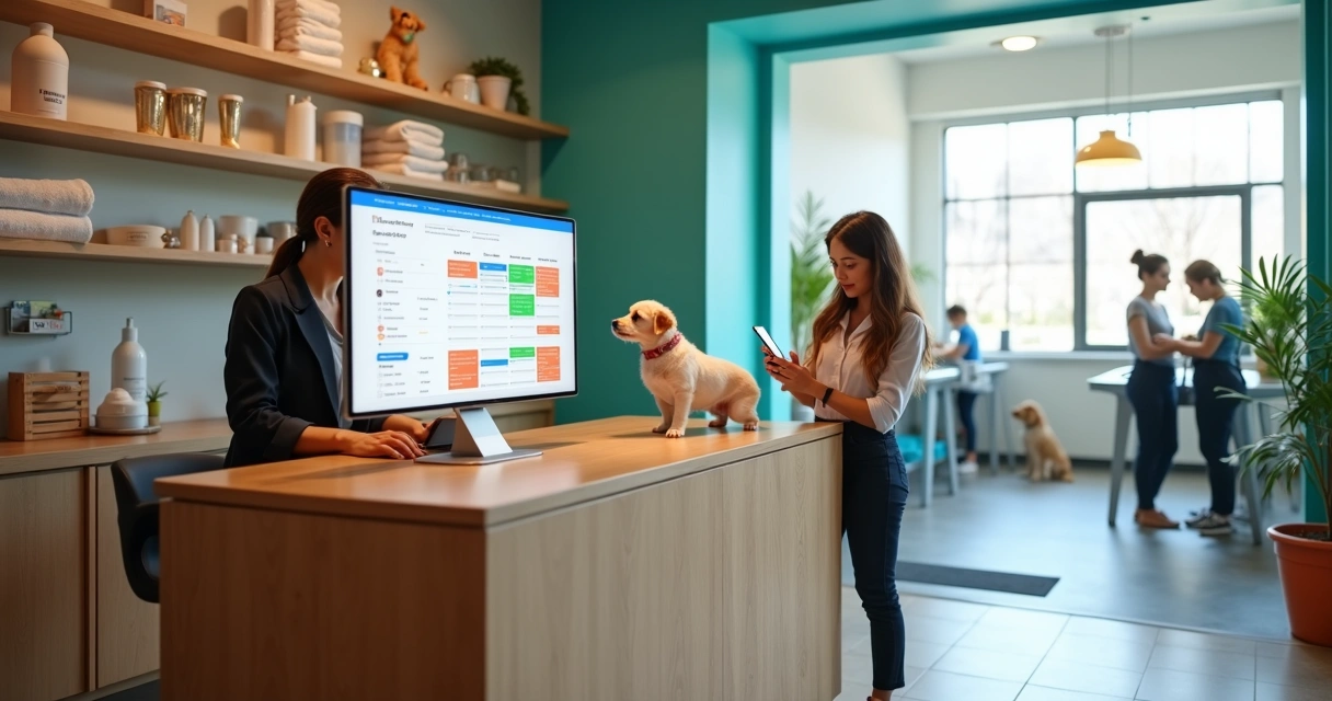 Recepcionista de petshop usando sistema de gestão enquanto atende tutor com cachorro no balcão 