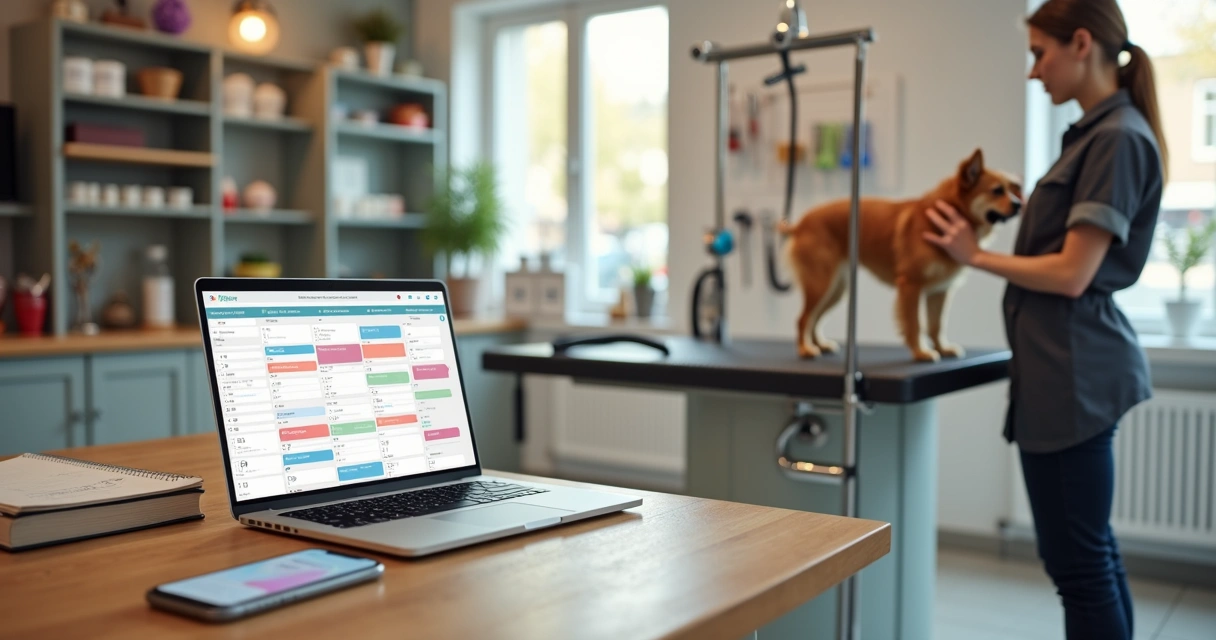 Recepcionista de petshop usando sistema de agendamento em notebook ao lado de cão em mesa de tosa 