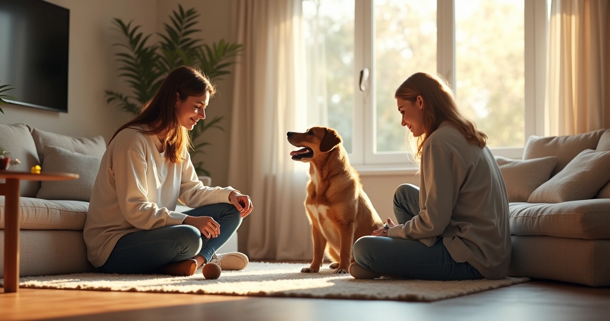 Petsitter, treinador e cão interagem na sala. 