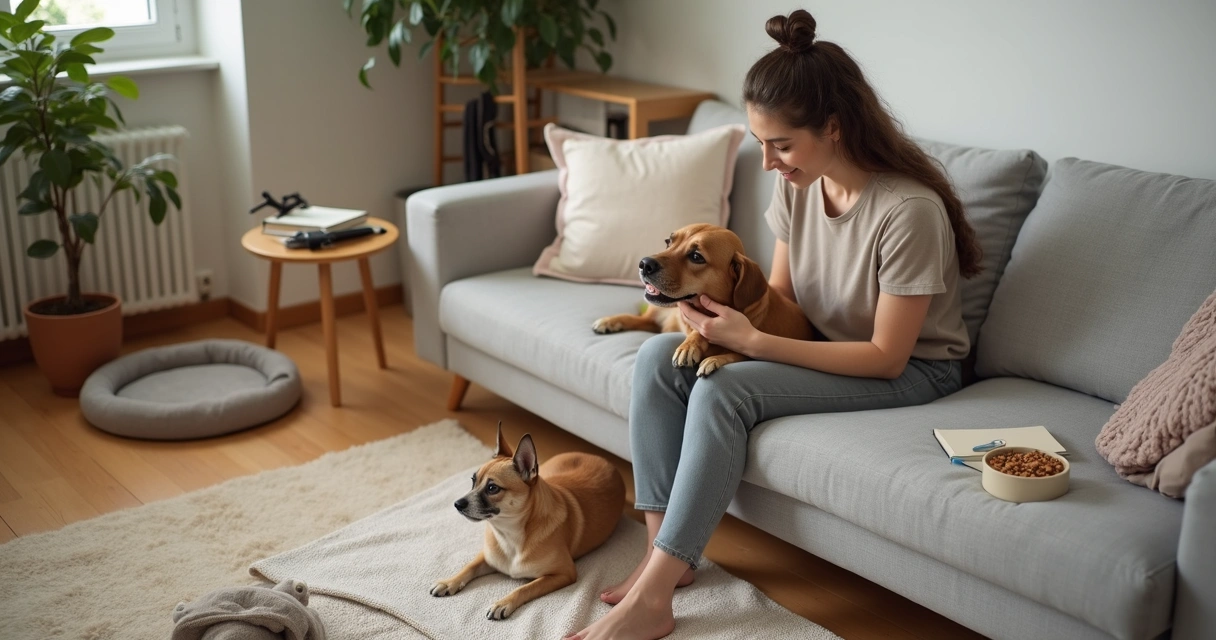 Petsitter em casa acolhedora a cuidar de cão e gato relaxados no sofá 