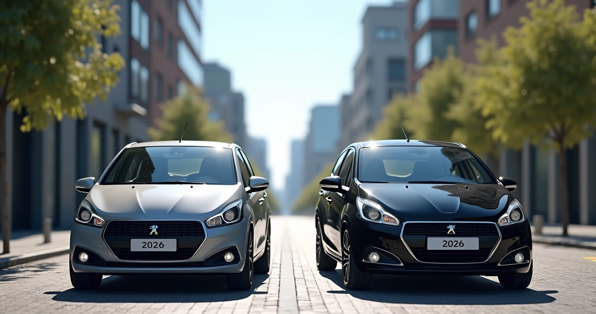 Peugeot 208 2025 e 2026 lado a lado em cenário urbano, hatch compacto com design moderno e faróis em LED 