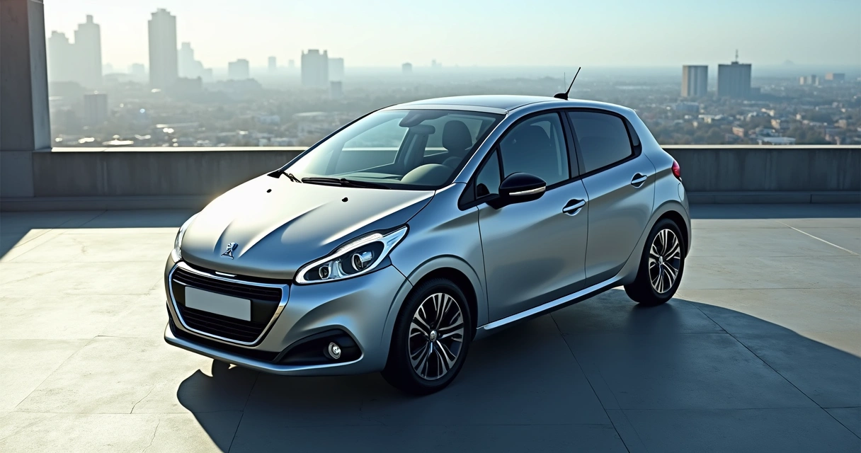 Vista lateral do Peugeot 208 com teto solar panorâmico aberto 