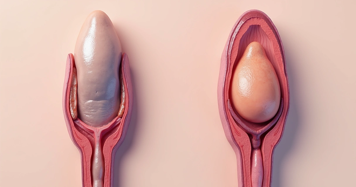 Ilustração de pênis curvado pela doença de Peyronie e comparação de antes e depois da cirurgia 