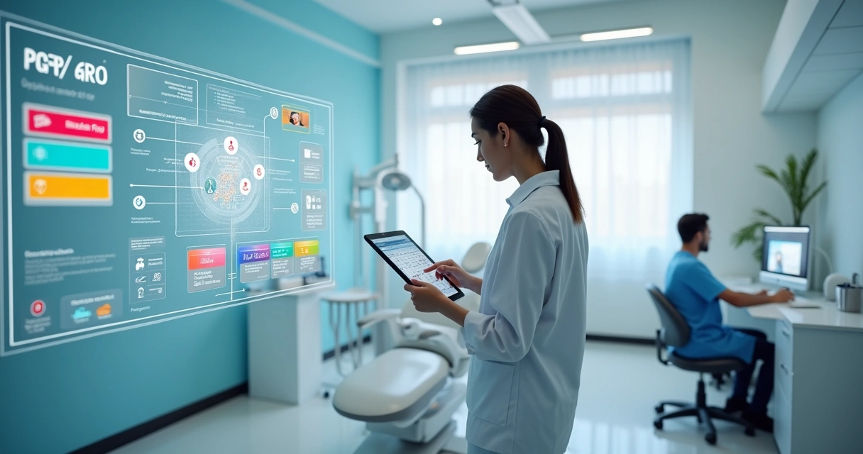 Dentista gerenciando mapa digital de riscos em clínica odontológica moderna 