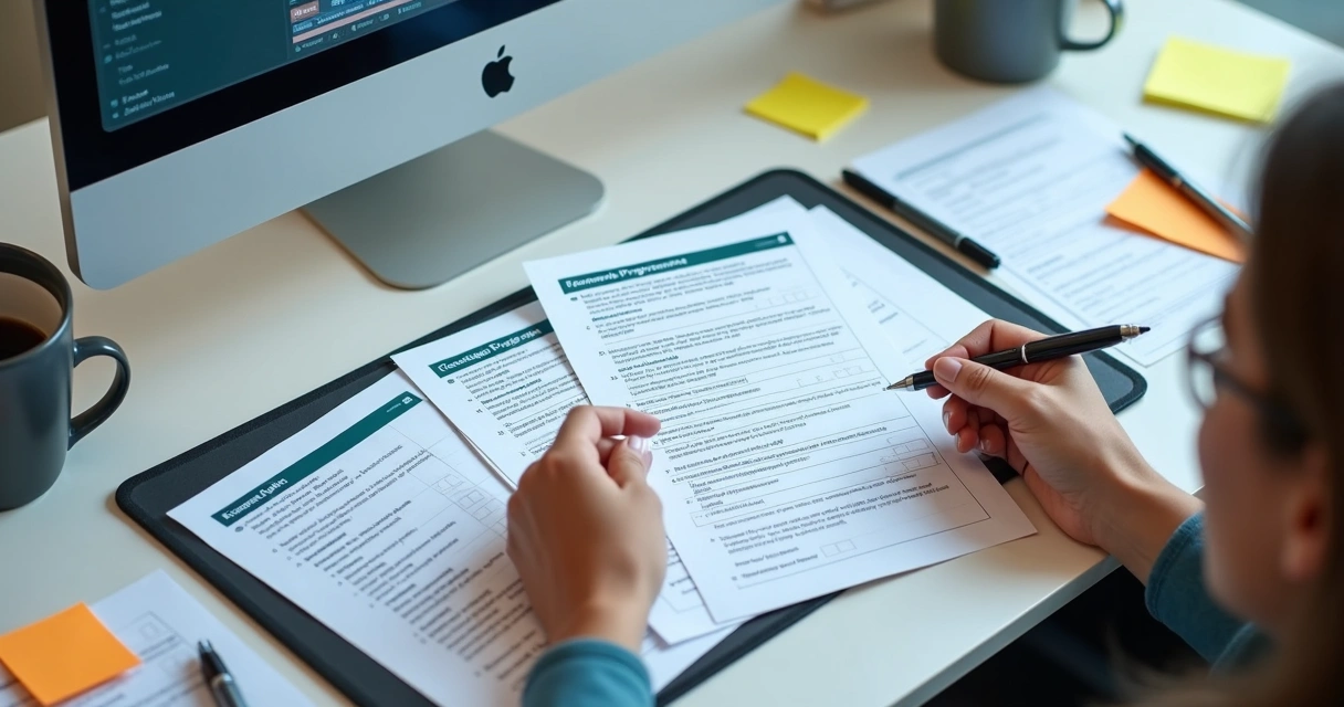Mesa de escritório com documentos do PGR, computador e checklists sendo analisados.