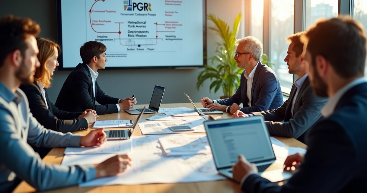 Profissionais revisam PGR em sala de reunião após acidente de trabalho, analisando documentos na mesa