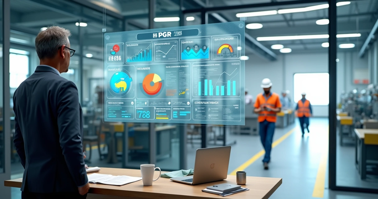 Gestor analisa painel digital de PGR integrando escritório e chão de fábrica 