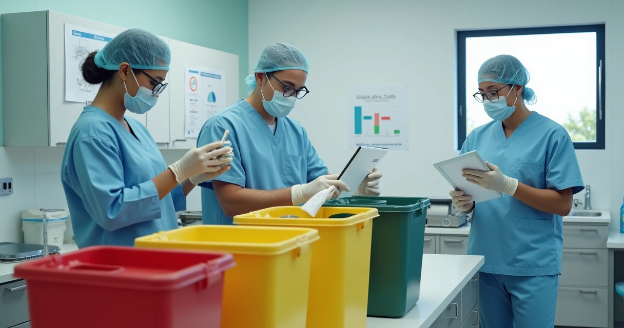Equipe de clínica odontológica organizando resíduos em lixeiras coloridas identificadas por tipo de descarte 