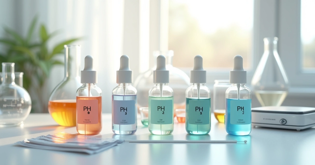 Frascos de cosméticos com etiquetas de pH e balanças de laboratório ao fundo 