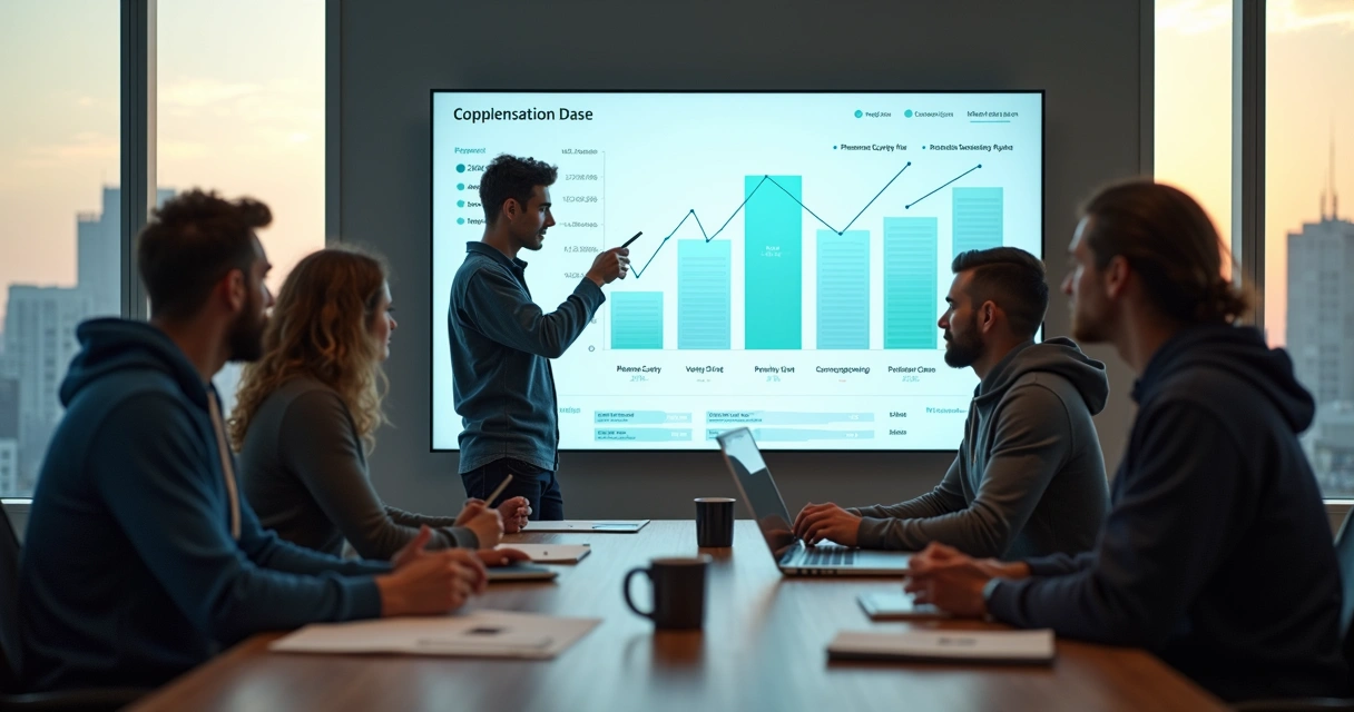 Fundadores de startup em reunião analisando plano de phantom equity em tela digital 