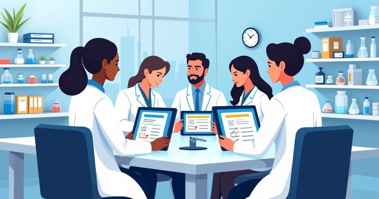 Pharmaceutical team using digital tablets to approve documents 