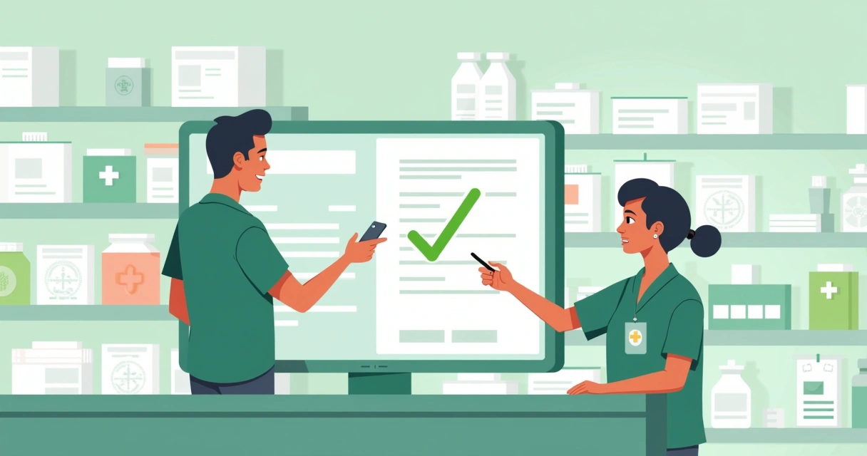 Pharmacy staff using e-signature software at digital counter 