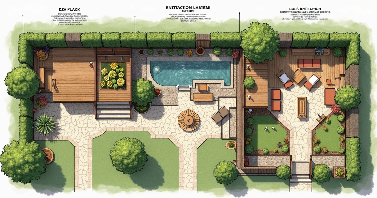 Phased landscape design illustration with decks and gardens