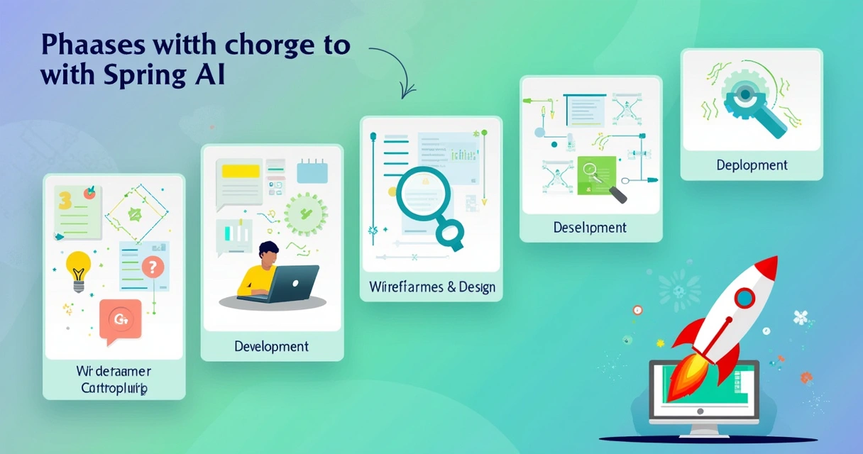 Illustration of the phases of software development with Spring AI, showing Planning, Design, Development, Testing, Deployment.