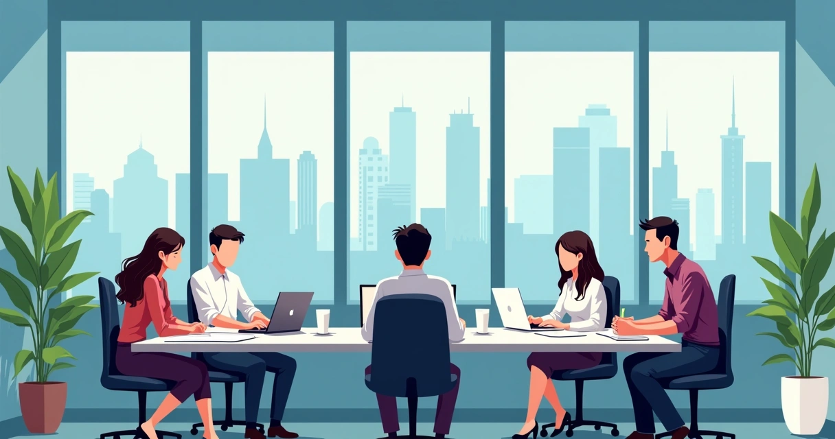 Filipino professionals collaborating at a desk with city skyline in background. 