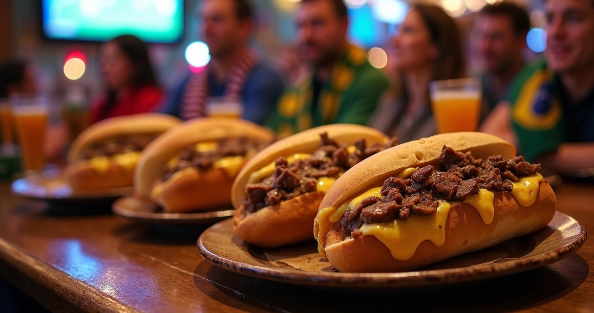 Sanduíches Philly cheesesteak tradicionais em um bar animado de Filadélfia 