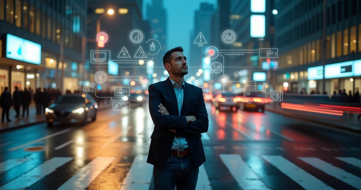 Leader in a city at night pausing to think amid blurred motion and bright lights 