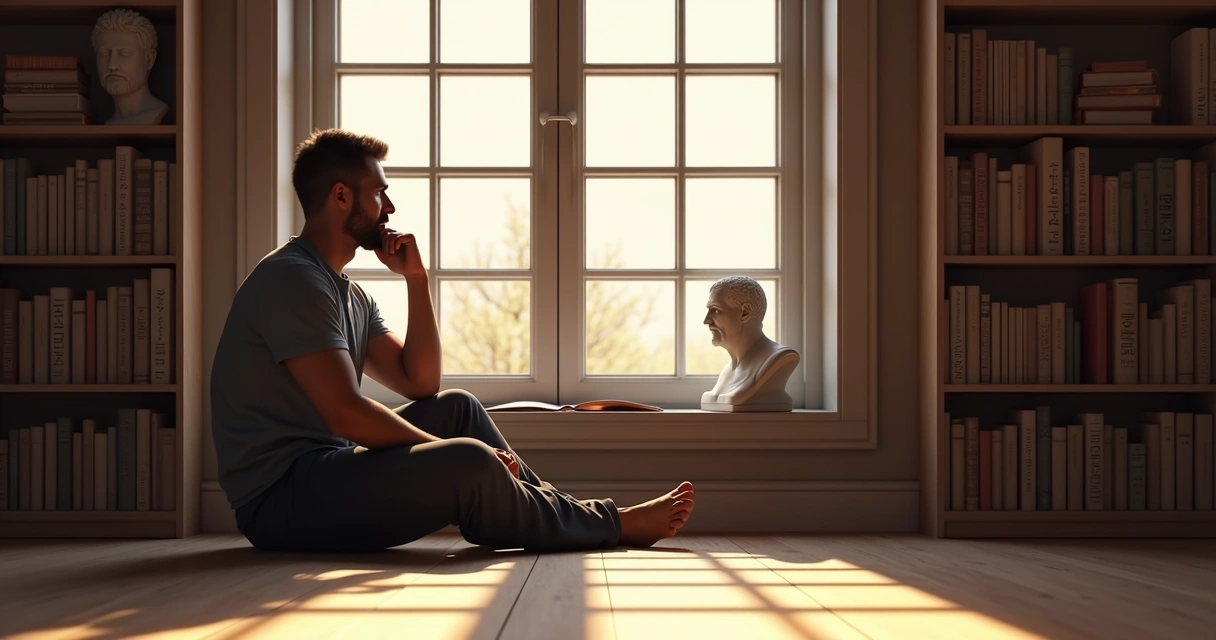 Philosopher sitting by a window reflecting quietly 