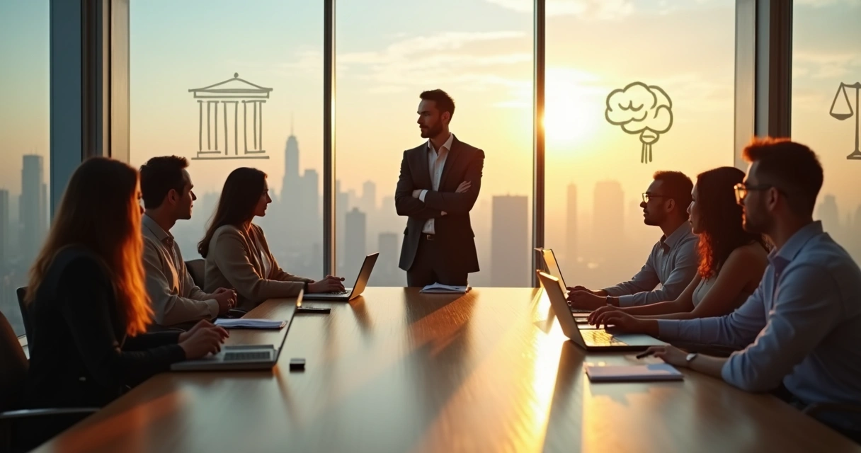 Leader at head of table reflecting while team listens in modern office 