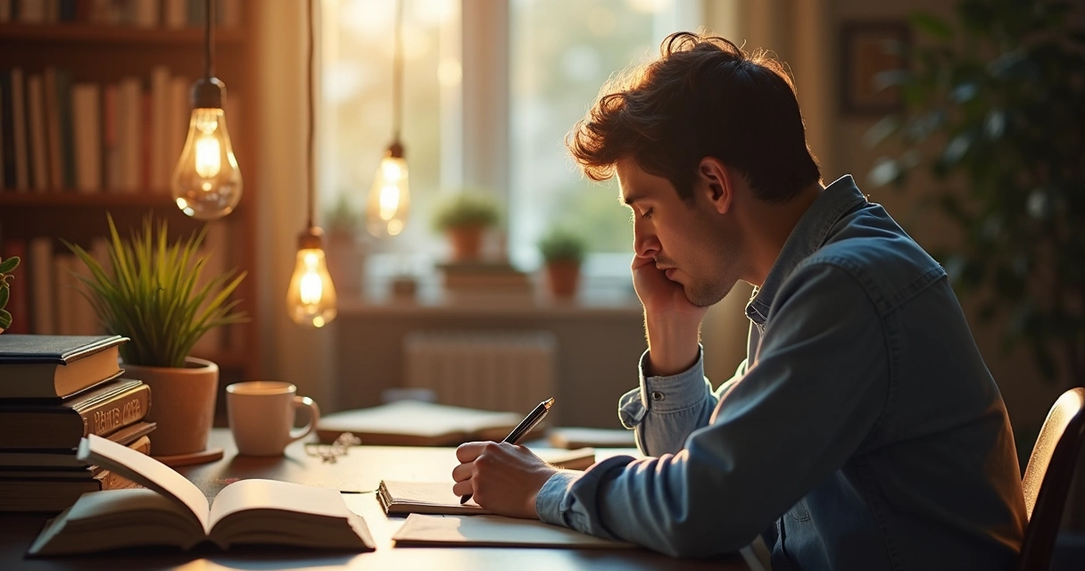 Person writing in notebook, surrounded by books and abstract thought bubbles 
