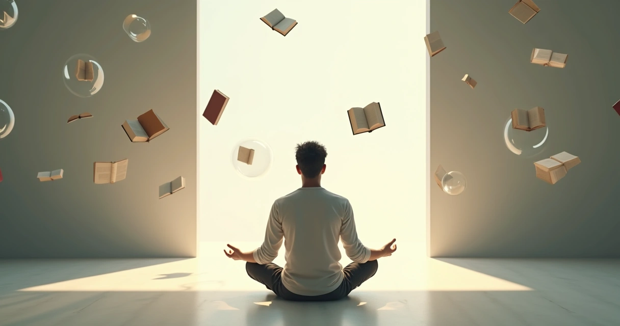 Person meditating among books and abstract shapes 