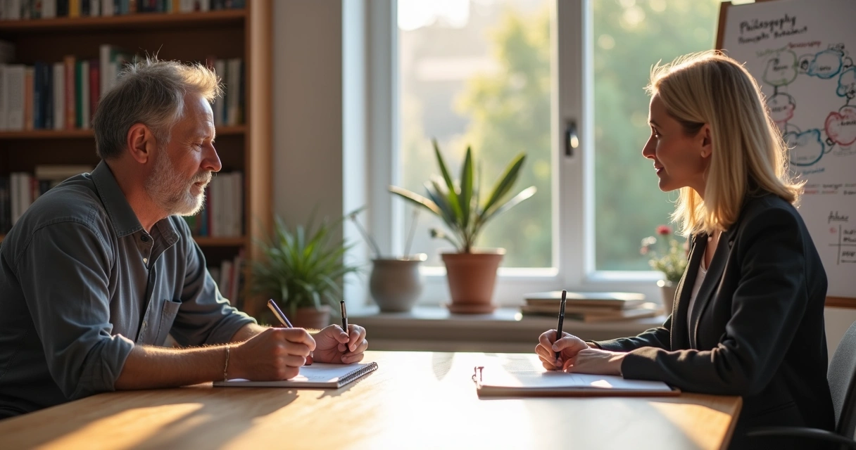 Philosopher and therapist discuss consciousness and thoughts at a table