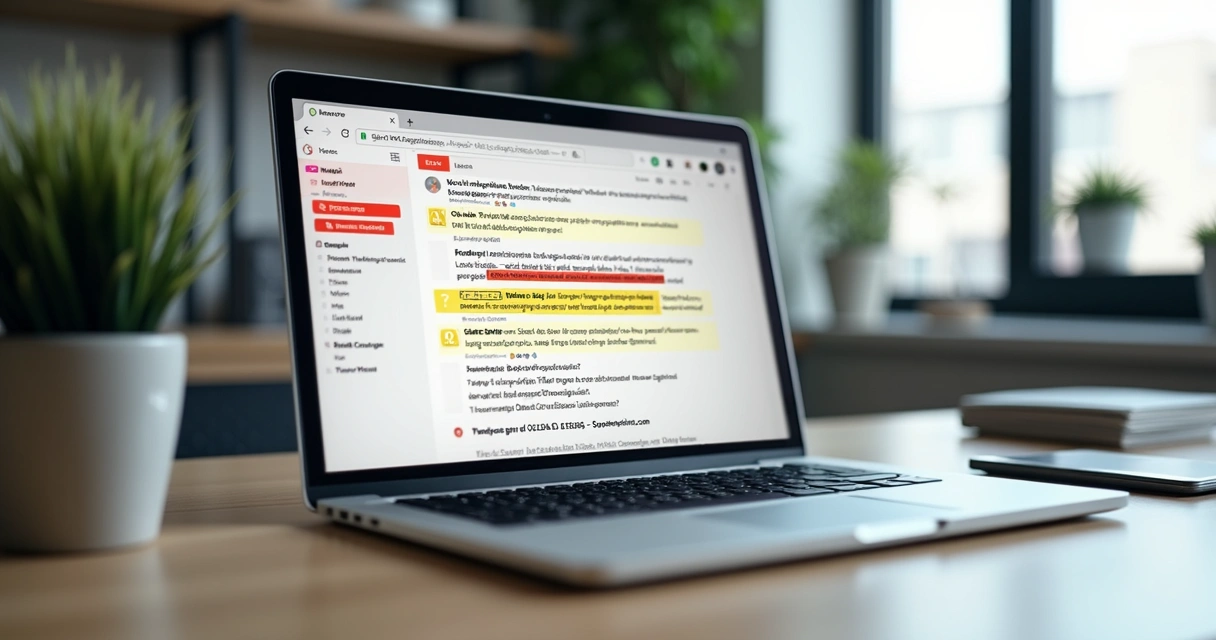 Laptop screen shows a suspicious work email with highlighted text and warning icons 