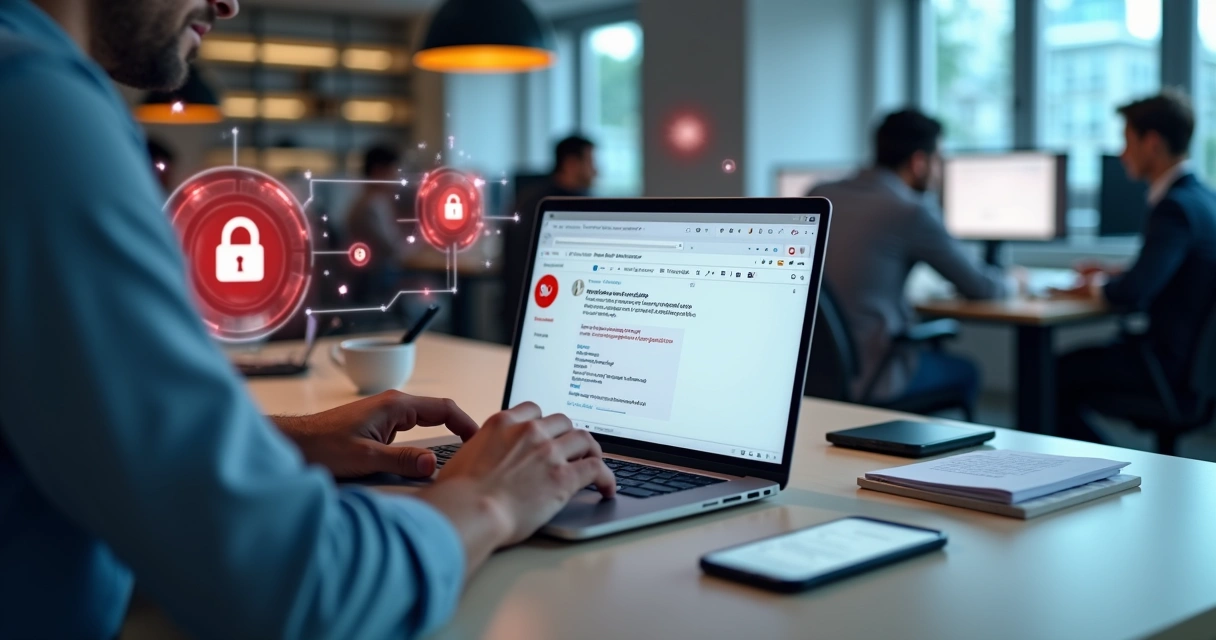 Profissional analisando e-mail suspeito de phishing em computador de escritório 