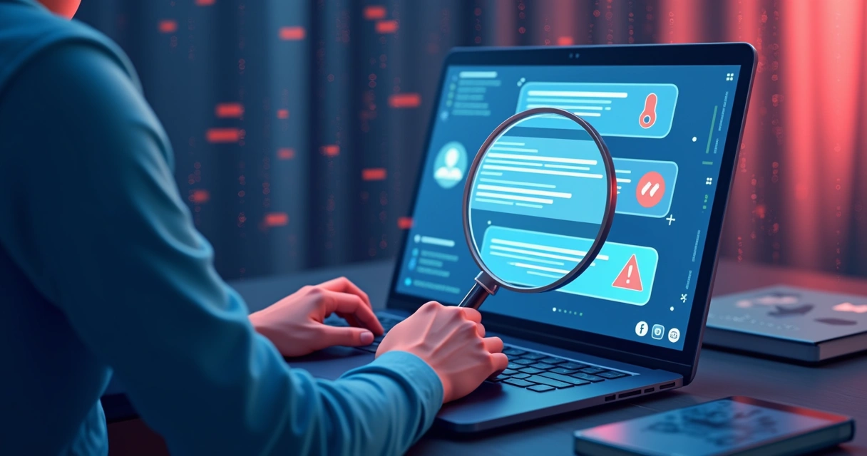 Ilustração de links falsos e phishing sendo inspecionados em chat de IA 