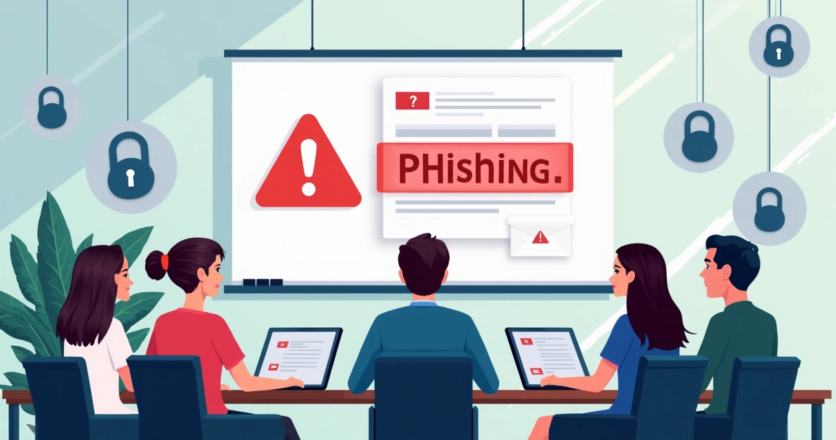 Equipe reunida aprendendo sobre phishing em um quadro digital 